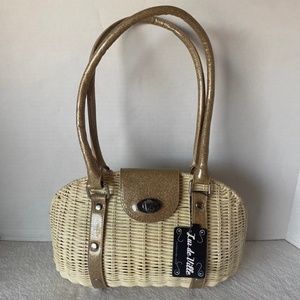Lux De Ville Romeo Tote Straw Satchel Handbag Tan Shiny Glitter Faux Leather NEW